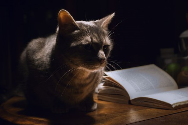 قطة تجلس على طاولة بجانب كتاب في الظلام.